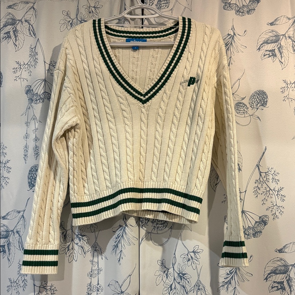 Prince Cream V-Neck Sweater with Green Stripes